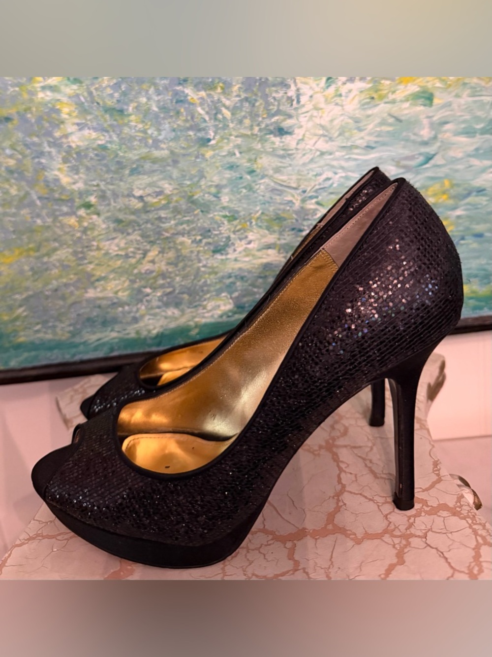 Nina Black Glass Peep-Toe Stiletto Pumps